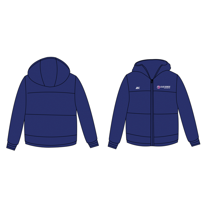 Blade Rowers Puffa Jacket design, showcasing front and back views in navy, ideal for practical and corporate wear.