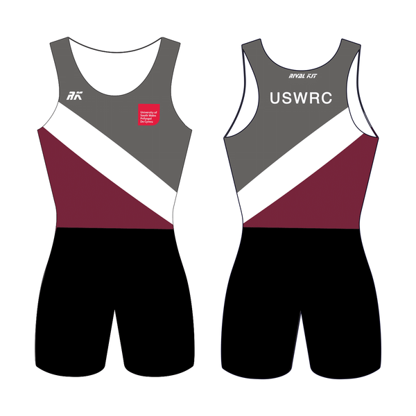 University of South Wales AIO sports kit featuring maroon and gray design, suitable for rowing and athletic activities.