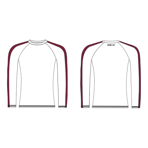 University of South Wales long sleeve baselayer in white with maroon accents, featuring a tight fit and performance compression fabric.