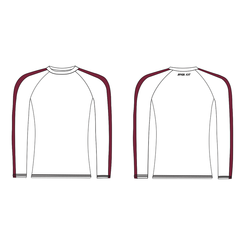 University of South Wales long sleeve baselayer in white with maroon accents, featuring a tight fit and performance compression fabric.