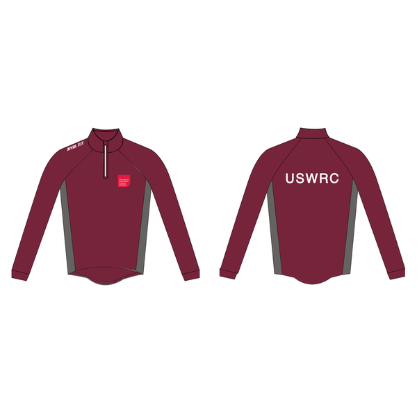 University of South Wales Rowing Club maroon splash jacket, front and back views, featuring USWRC logo and ergonomic design.