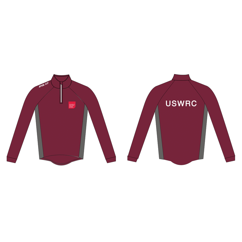 University of South Wales Rowing Club maroon splash jacket, front and back views, featuring USWRC logo and ergonomic design.