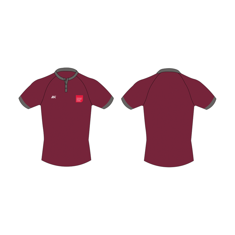 University of South Wales Rowing Club maroon zephyr shirt with zipper, featuring a poly-cotton blend and sublimated design.